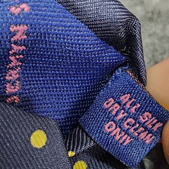 Jermyn Street London Men’s 100% Silk Necktie Yellow Polka Dot Navy Blue - Picture 8 of 8